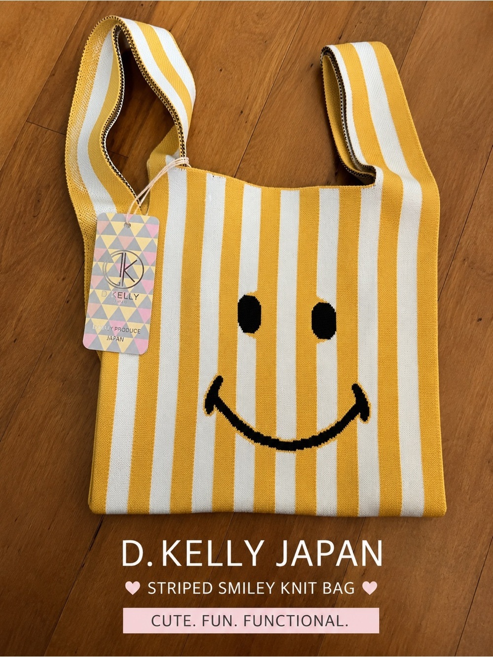 D.Kelly Japan Yellow Striped Smiley Knit Shoulder Bag, nwt